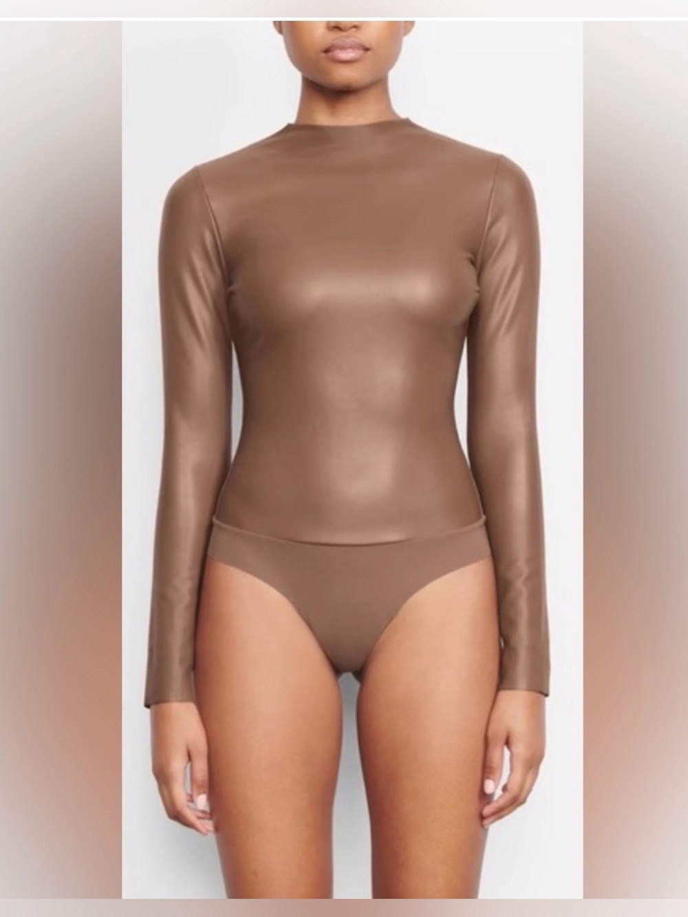 SKIMS Faux Leather Mock Neck Bodysuit in tan Size Small